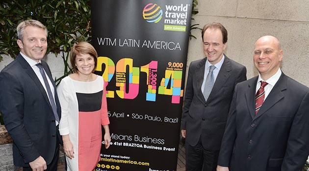 Vincent Lhoste, diretor de Projetos da Reed Travel Exhibitions, a presidente do Conselho da WTM, Jeanine Pires, o VP da Braztoa, Eduardo Barbosa, e o diretor da WTM Latin America, Lawrence Reinisch. foto: PANROTAS